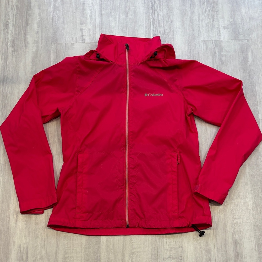 Columbia Windbreaker with fold away hood. Packable. Fushia